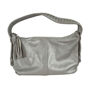 ELLIOTT LUCCA Annabelle Metallic Silver Leather Hobo Shoulder Bag Braided Strap